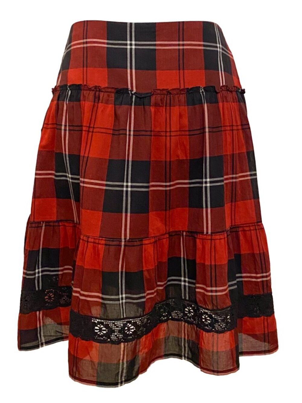 THE SCOTTISH HOUSE Black / Red Tartan Plaid Cotton Midi Skirt Sz M